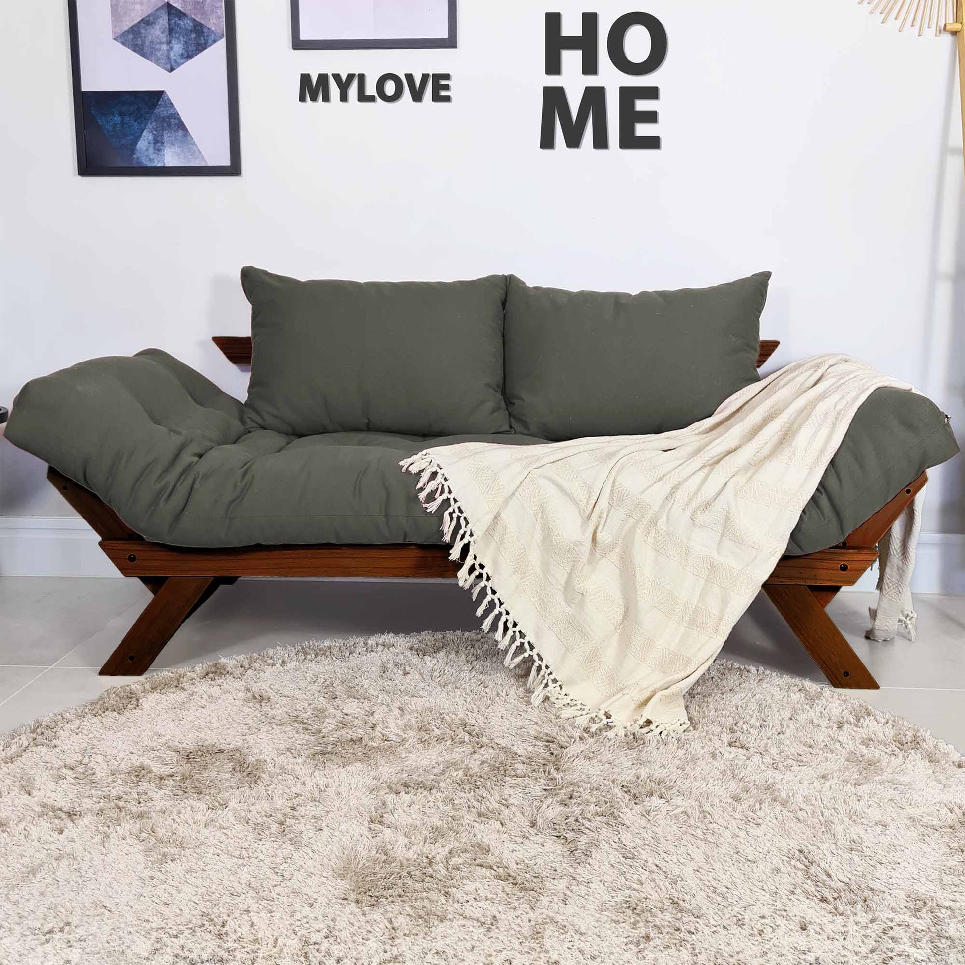 Sofá Cama Reclinável Futon Japão - Madeira Nobre Cor Imbuia Tecido Sarja Cinza