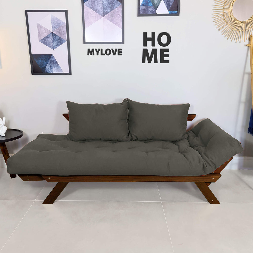 Sofá Cama Reclinável Futon Japão - Madeira Nobre Cor Imbuia Tecido Sarja Cinza