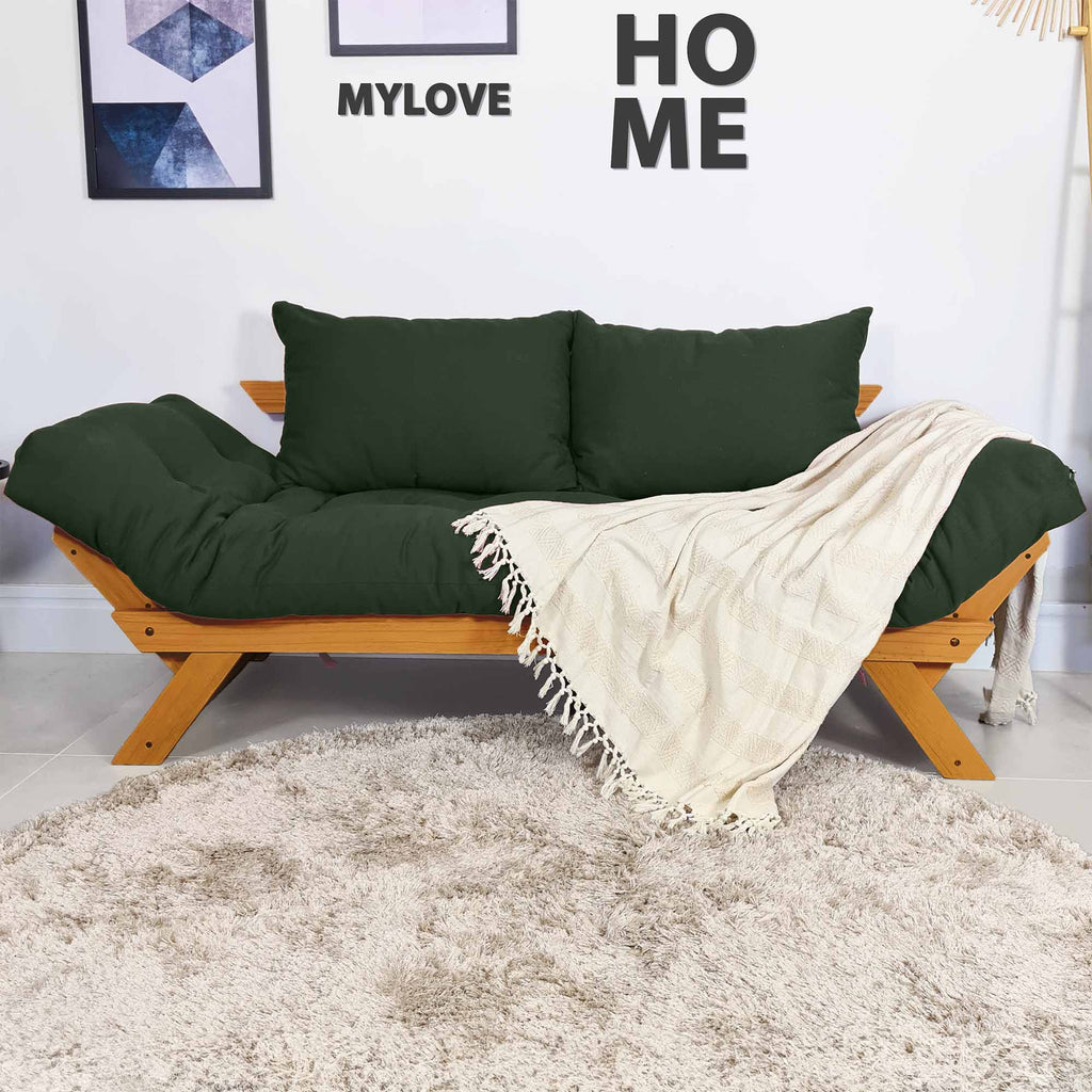Sofá Cama Reclinável Futon Japão - Madeira Cor Mel Tecido Sarja Verde Militar