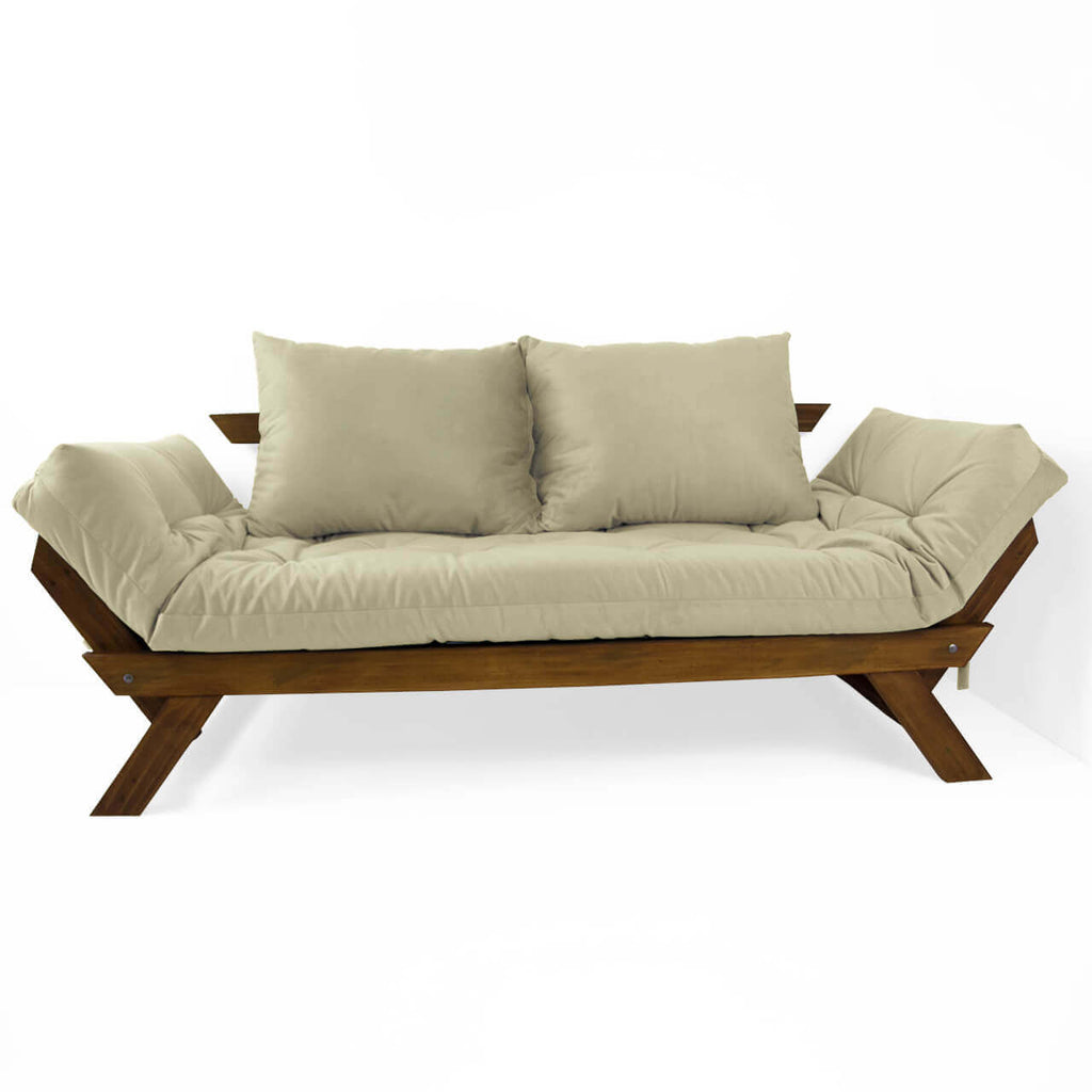 Sofá Cama Reclinável Futon Japão - Madeira Nobre Cor Imbuia Tecido Sarja Bege Claro