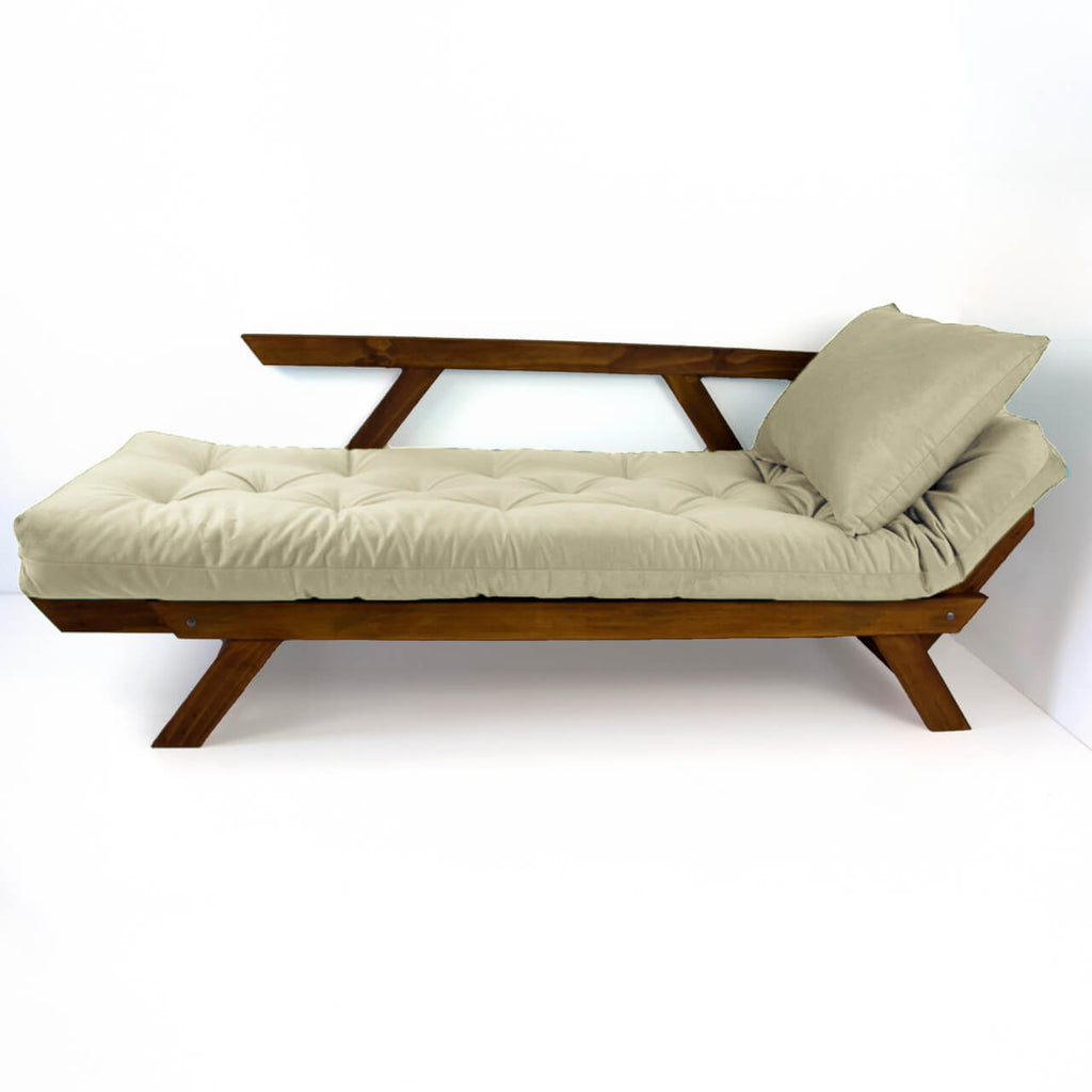 Sofá Cama Reclinável Futon D33 Japão - Madeira Cor Imbuia Tecido Sarja Bege