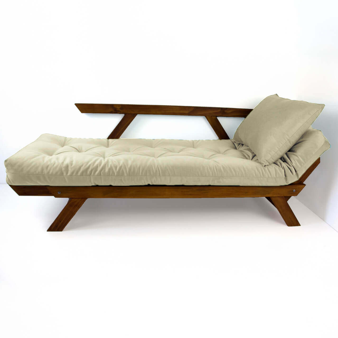 Sofá Cama Reclinável Futon Japão - Madeira Nobre Cor Imbuia Tecido Sarja Bege Claro