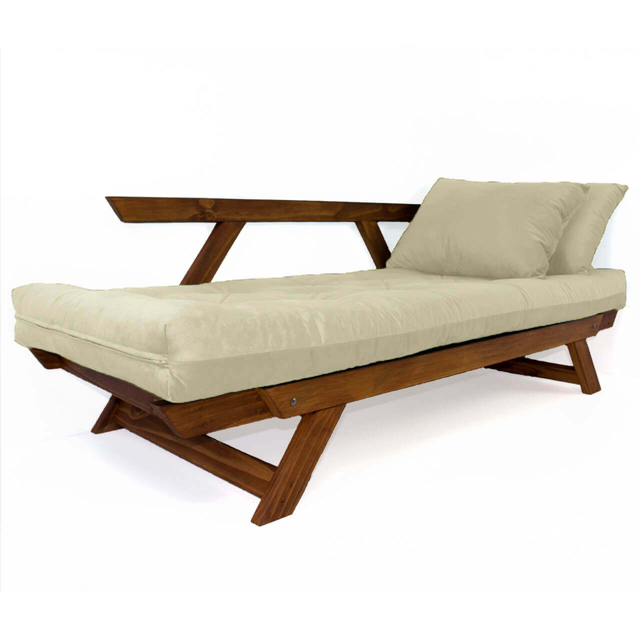 Sofá Cama Reclinável Futon Japão - Madeira Nobre Cor Imbuia Tecido Sarja Bege Claro