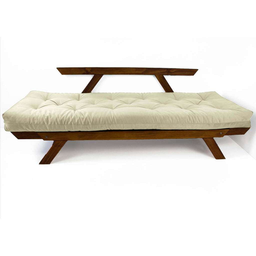 Sofá Cama Reclinável Futon Japão - Madeira Nobre Cor Imbuia Tecido Sarja Bege Claro