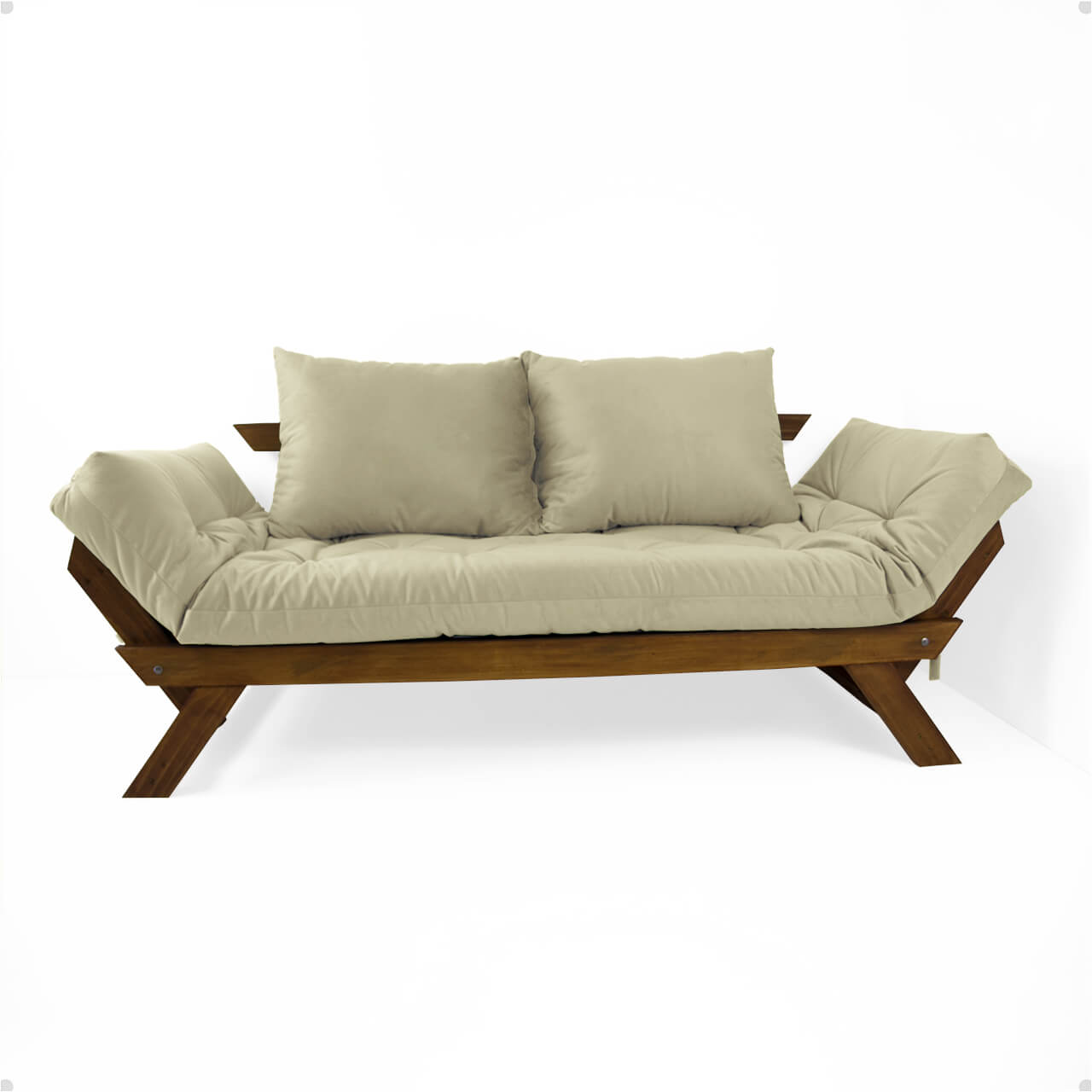 Sofá Cama Reclinável Futon D33 Japão - Madeira Cor Imbuia Tecido Sarja Bege
