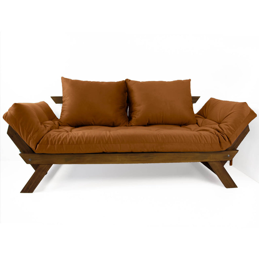 Sofá Cama Reclinável Futon D33 Japão - Madeira Cor Imbuia Tecido Sarja Caramelo