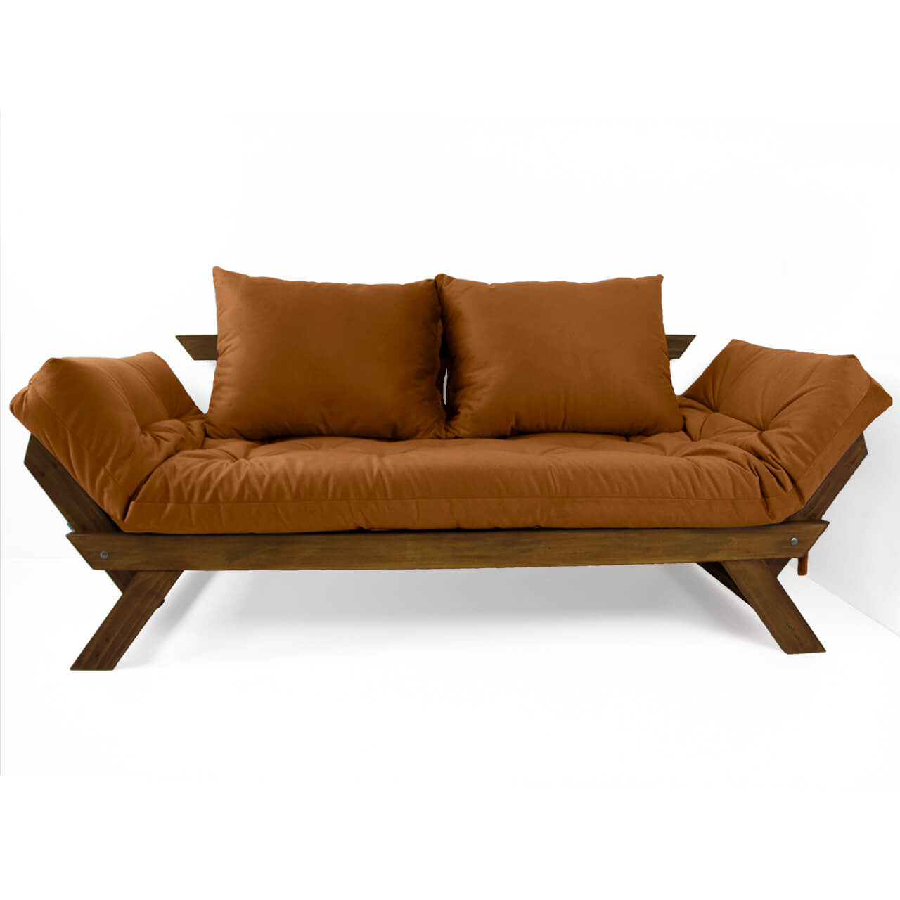 Sofá Cama Reclinável Futon D33 Japão - Madeira Cor Imbuia Tecido Sarja Caramelo