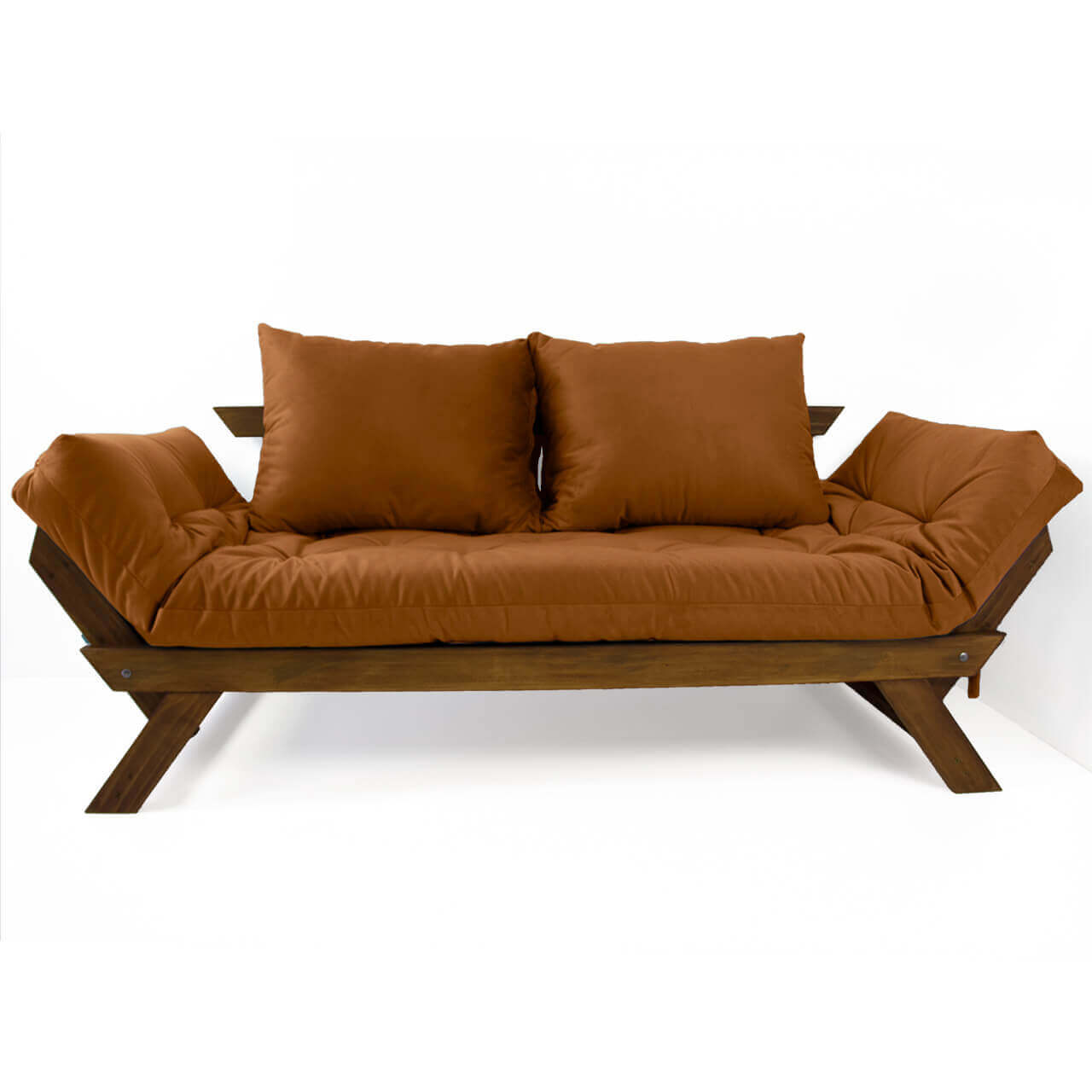 Sofá Cama Reclinável Futon Japão - Madeira Nobre Cor Imbuia Tecido Sarja Caramelo
