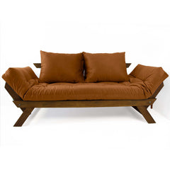 Sofá Cama Reclinável Futon Japão - Madeira Nobre Cor Imbuia Tecido Sarja Caramelo