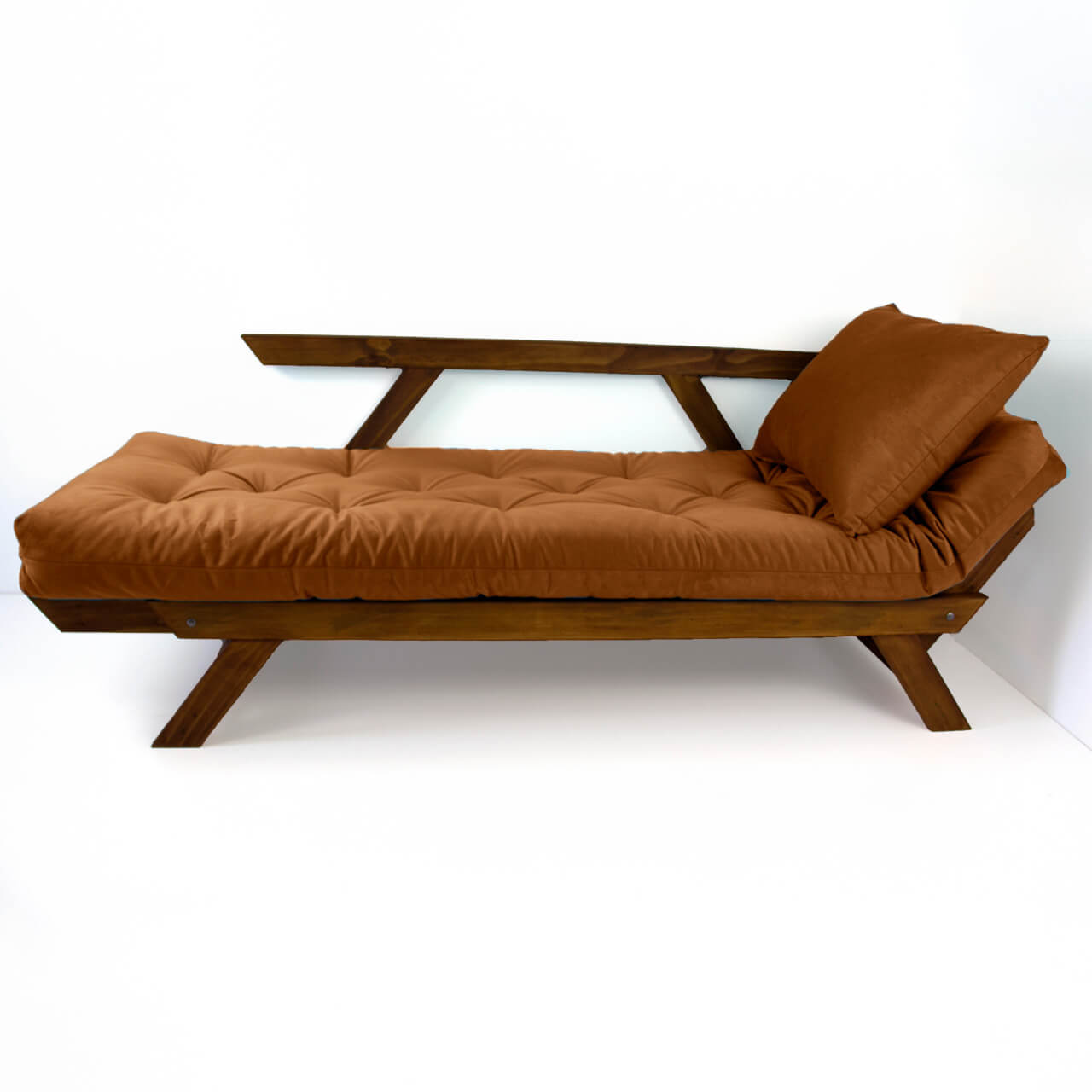 Sofá Cama Reclinável Futon D33 Japão - Madeira Cor Imbuia Tecido Sarja Caramelo