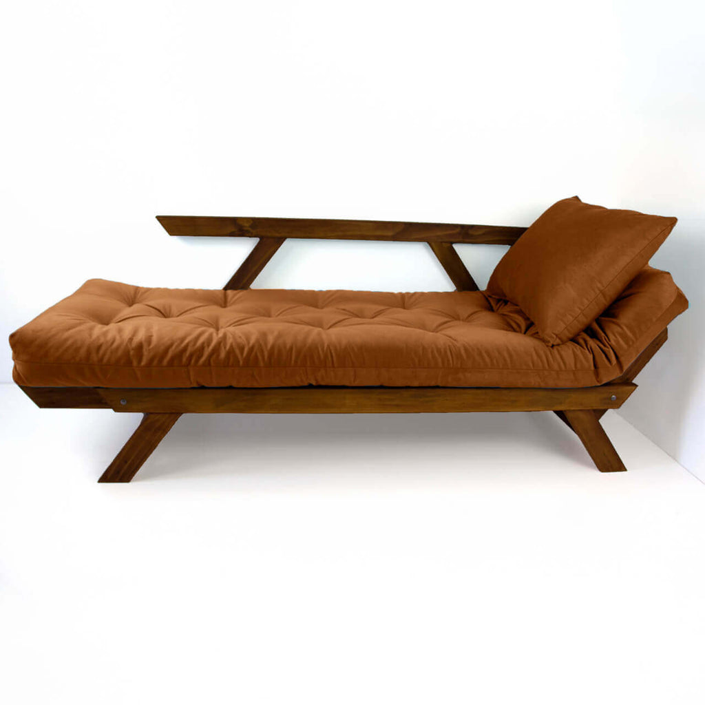 Sofá Cama Reclinável Futon Japão - Madeira Nobre Cor Imbuia Tecido Sarja Caramelo