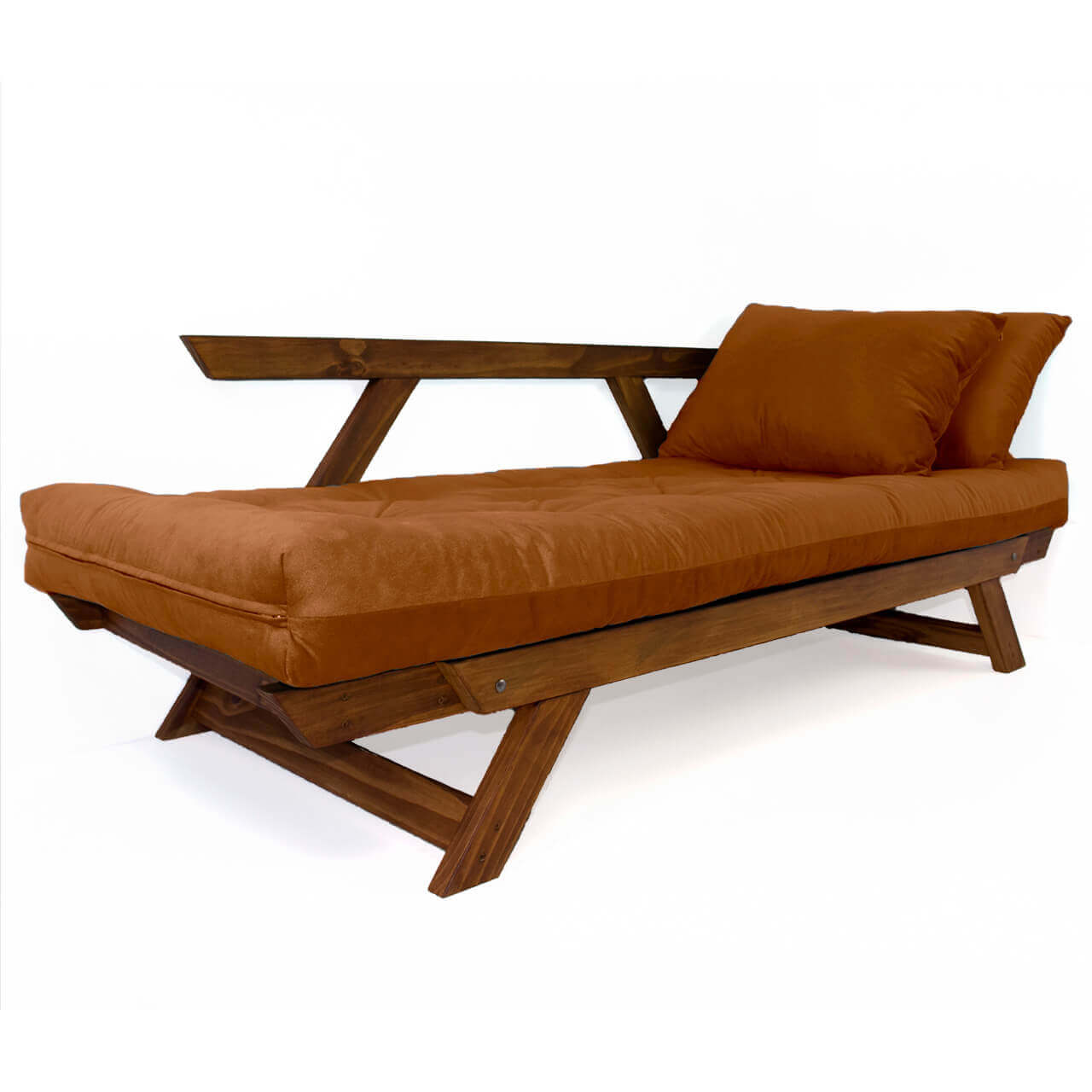 Sofá Cama Reclinável Futon Japão - Madeira Nobre Cor Imbuia Tecido Sarja Caramelo
