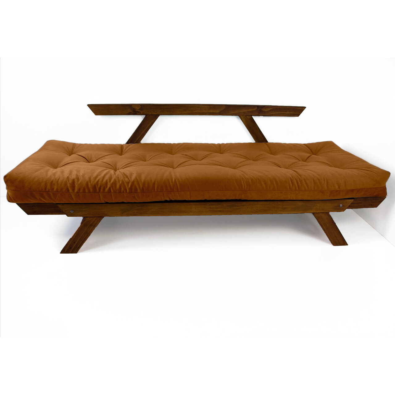 Sofá Cama Reclinável Futon D33 Japão - Madeira Cor Imbuia Tecido Sarja Caramelo