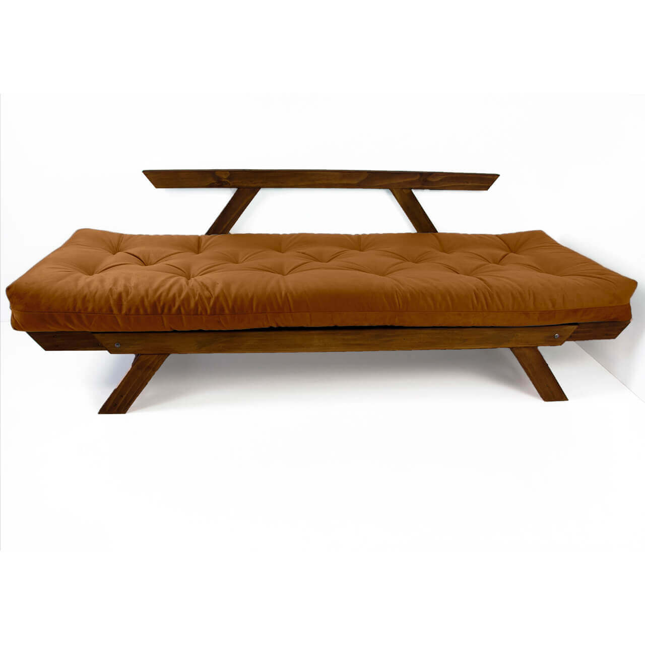 Sofá Cama Reclinável Futon Japão - Madeira Nobre Cor Imbuia Tecido Sarja Caramelo