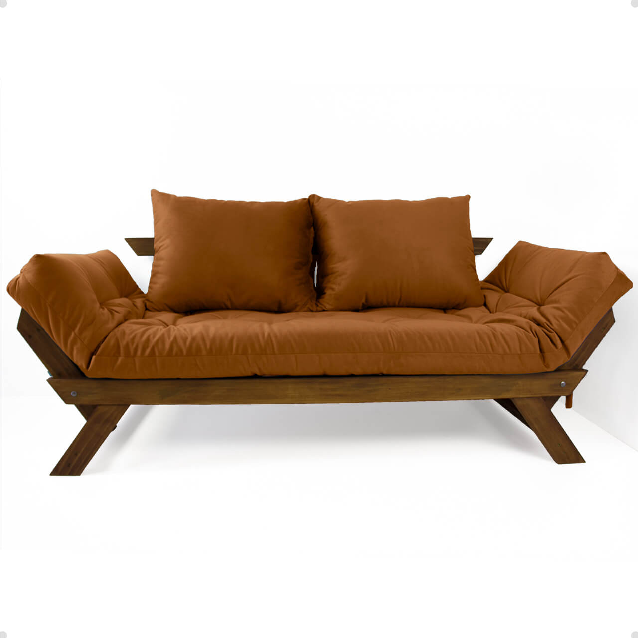 Sofá Cama Reclinável Futon D33 Japão - Madeira Cor Imbuia Tecido Sarja Caramelo
