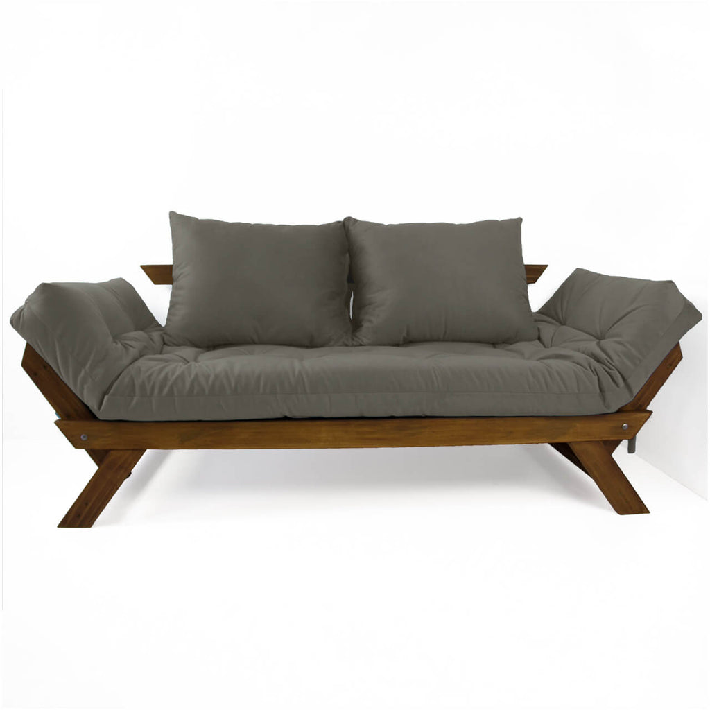 Sofá Cama Reclinável Futon D33 Japão - Madeira Cor Imbuia Tecido Sarja Cinza