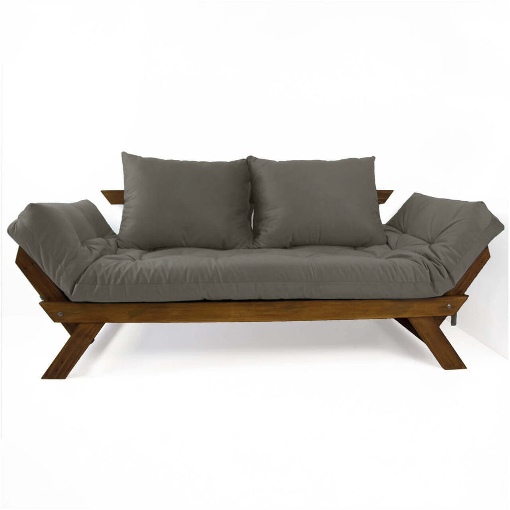 Sofá Cama Reclinável Futon Japão - Madeira Nobre Cor Imbuia Tecido Sarja Cinza