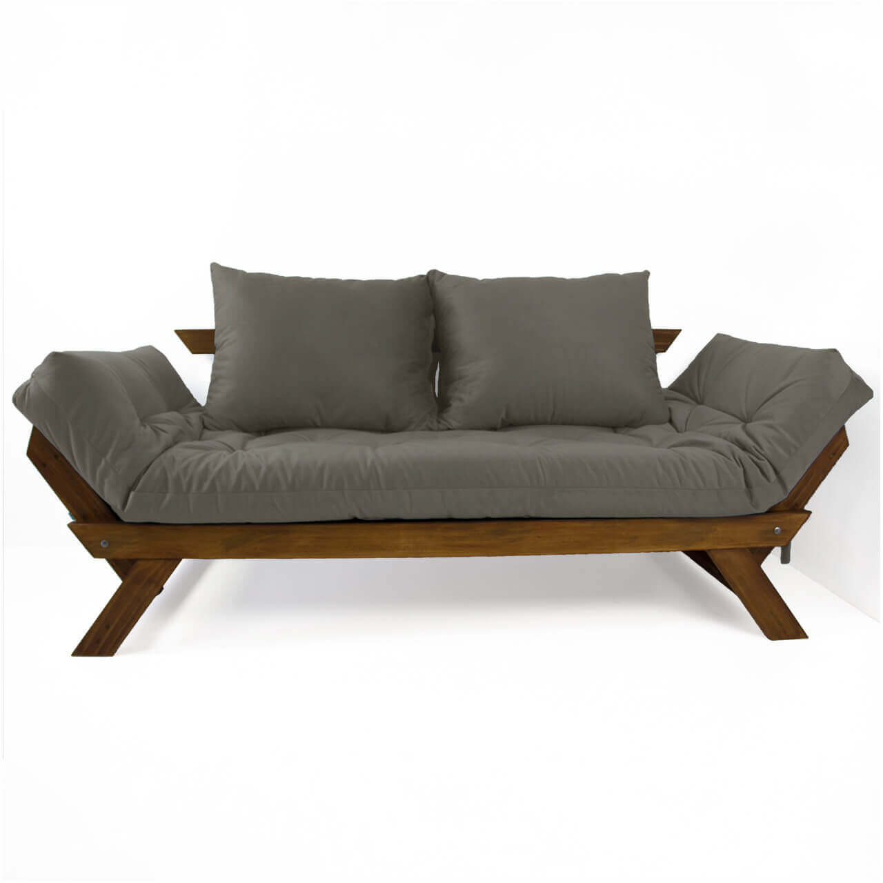 Sofá Cama Reclinável Futon Japão - Madeira Nobre Cor Imbuia Tecido Sarja Cinza