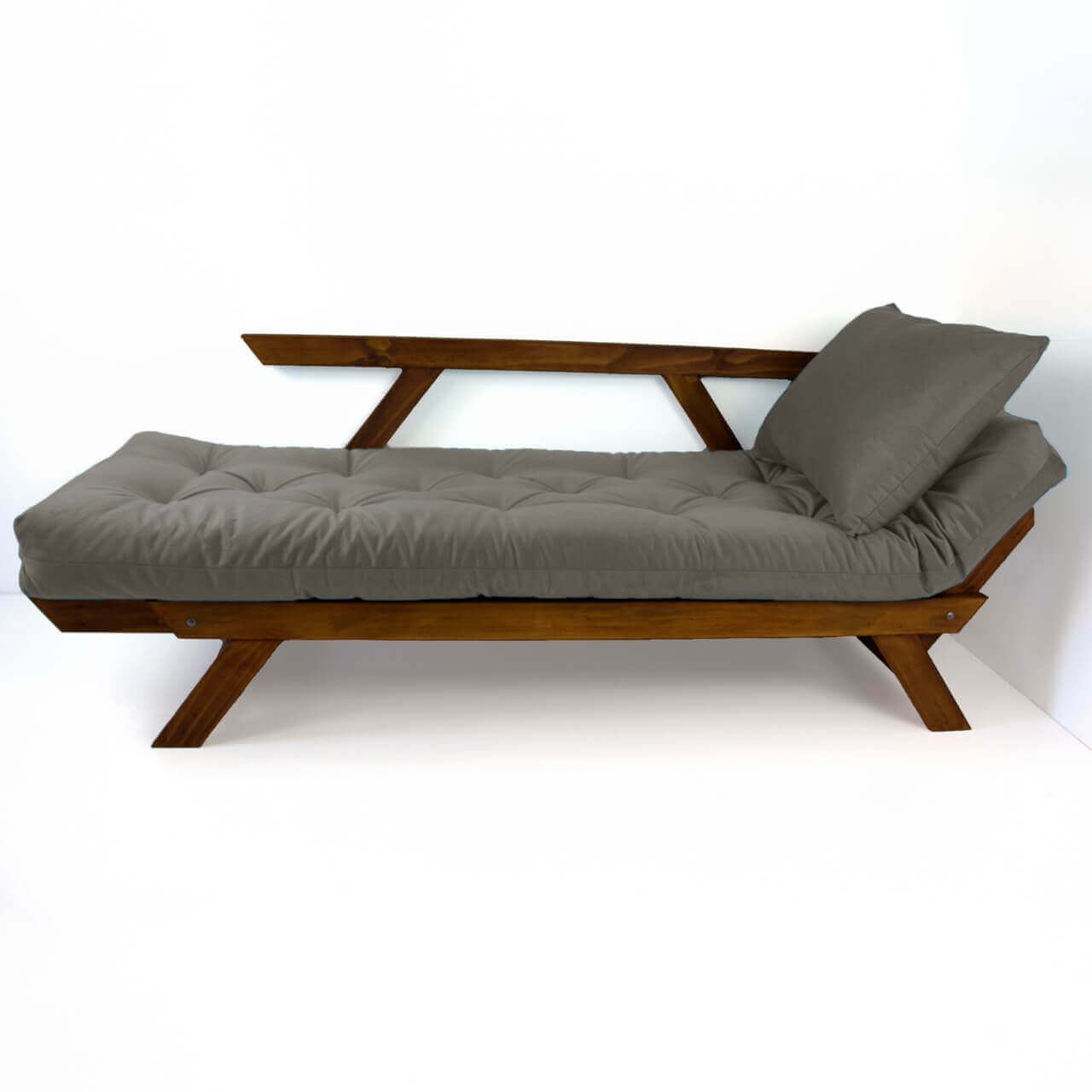 Sofá Cama Reclinável Futon Japão - Madeira Nobre Cor Imbuia Tecido Sarja Cinza