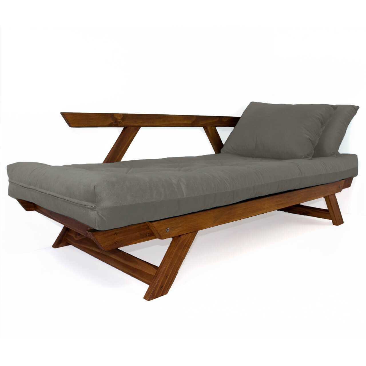 Sofá Cama Reclinável Futon D33 Japão - Madeira Cor Imbuia Tecido Sarja Cinza