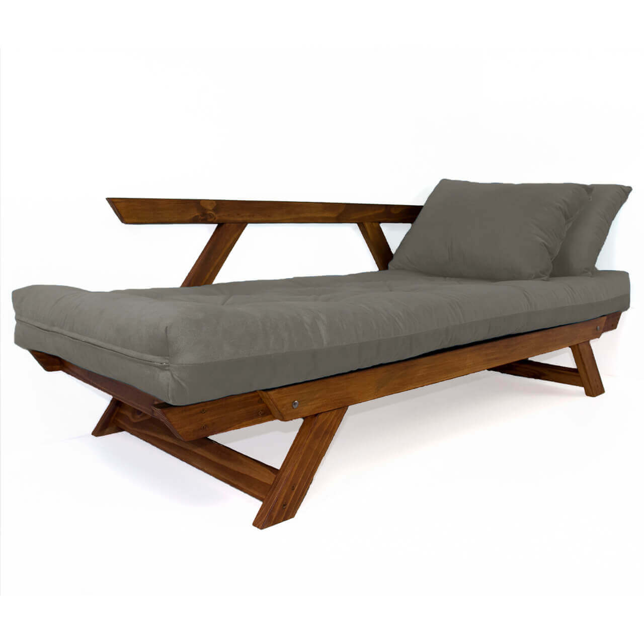 Sofá Cama Reclinável Futon Japão - Madeira Nobre Cor Imbuia Tecido Sarja Cinza