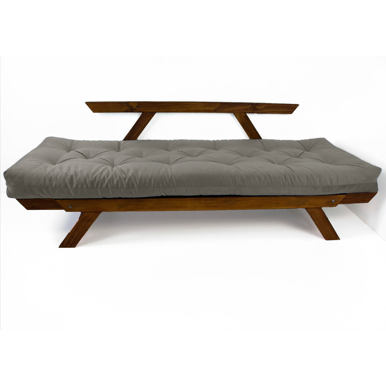 Sofá Cama Reclinável Futon D33 Japão - Madeira Cor Imbuia Tecido Sarja Cinza