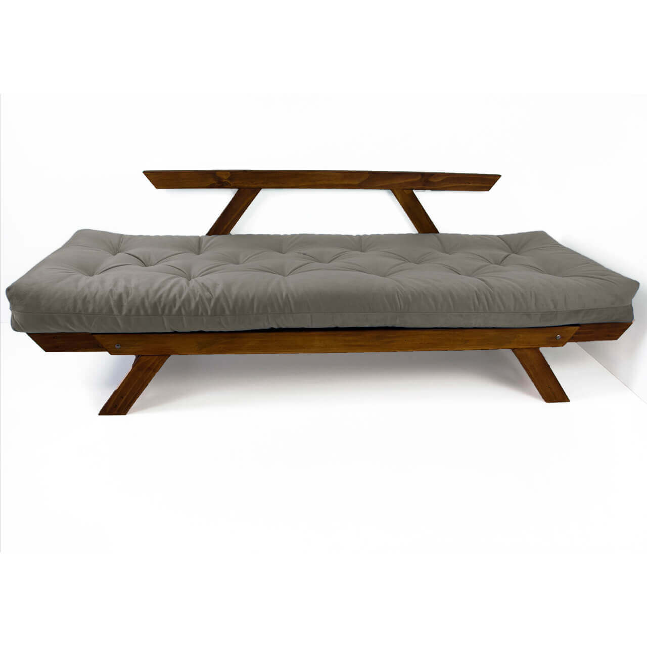 Sofá Cama Reclinável Futon Japão - Madeira Nobre Cor Imbuia Tecido Sarja Cinza
