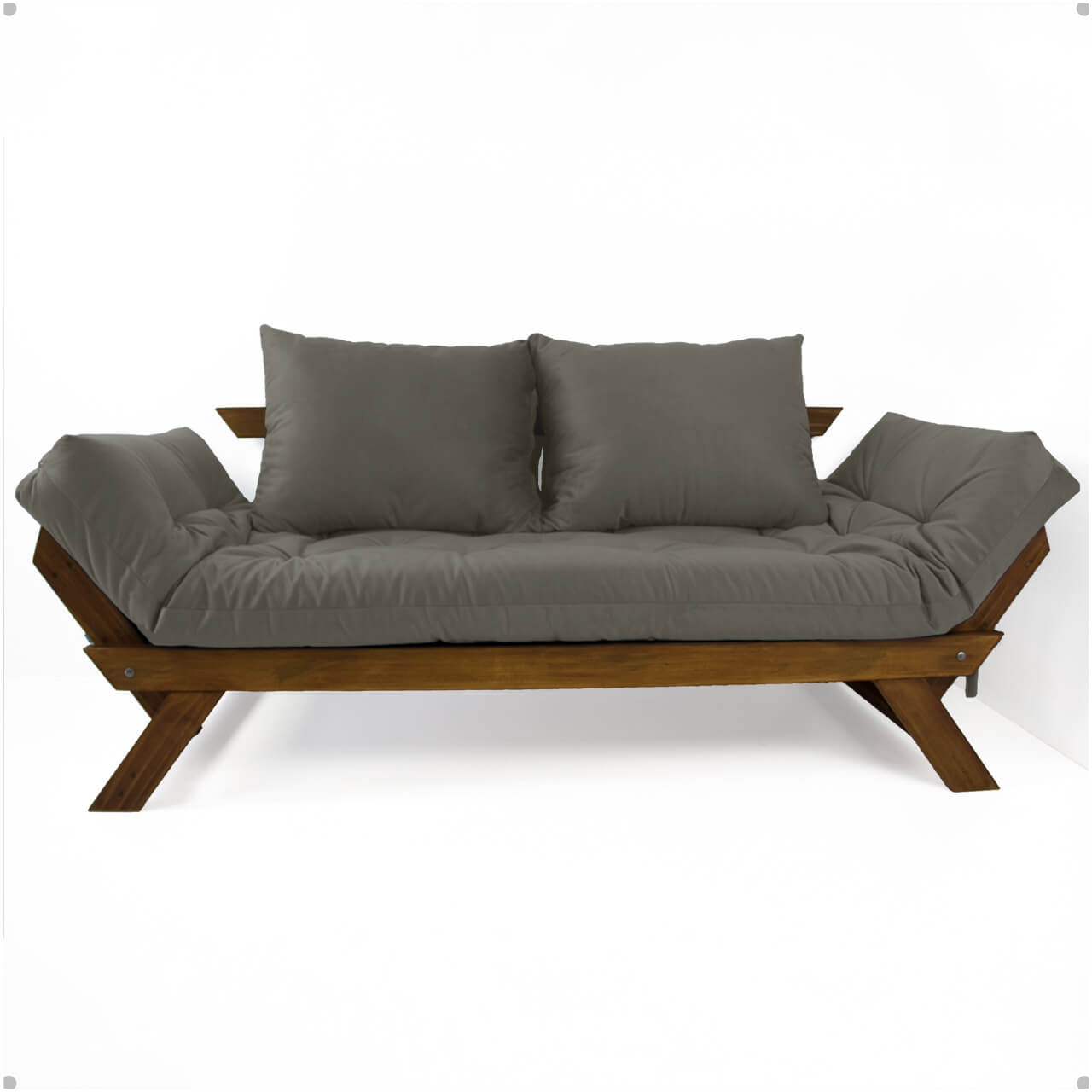 Sofá Cama Reclinável Futon D33 Japão - Madeira Cor Imbuia Tecido Sarja Cinza