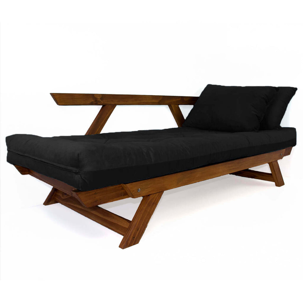 Sofá Cama Reclinável Futon Japão - Madeira Nobre Cor Imbuia Tecido Sarja Preto