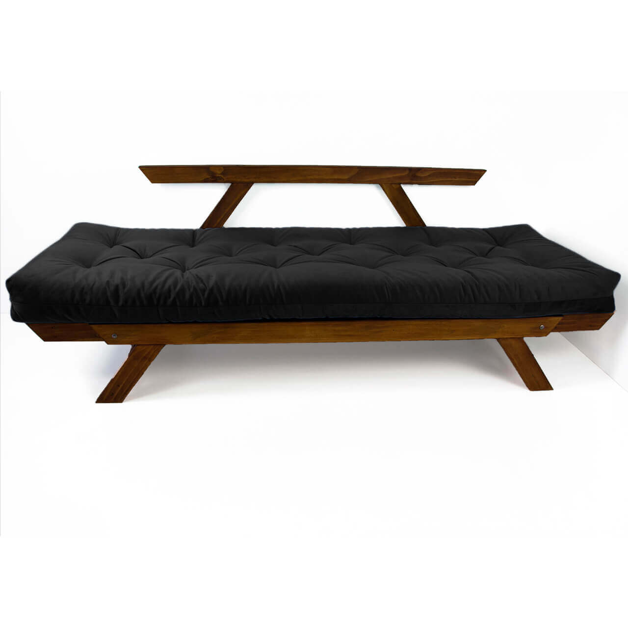 Sofá Cama Reclinável Futon Japão - Madeira Nobre Cor Imbuia Tecido Sarja Preto