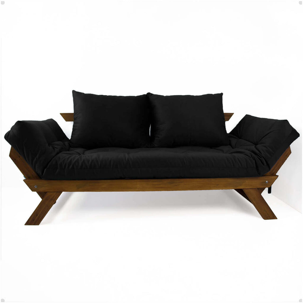 Sofá Cama Reclinável Futon Japão - Madeira Nobre Cor Imbuia Tecido Sarja Preto