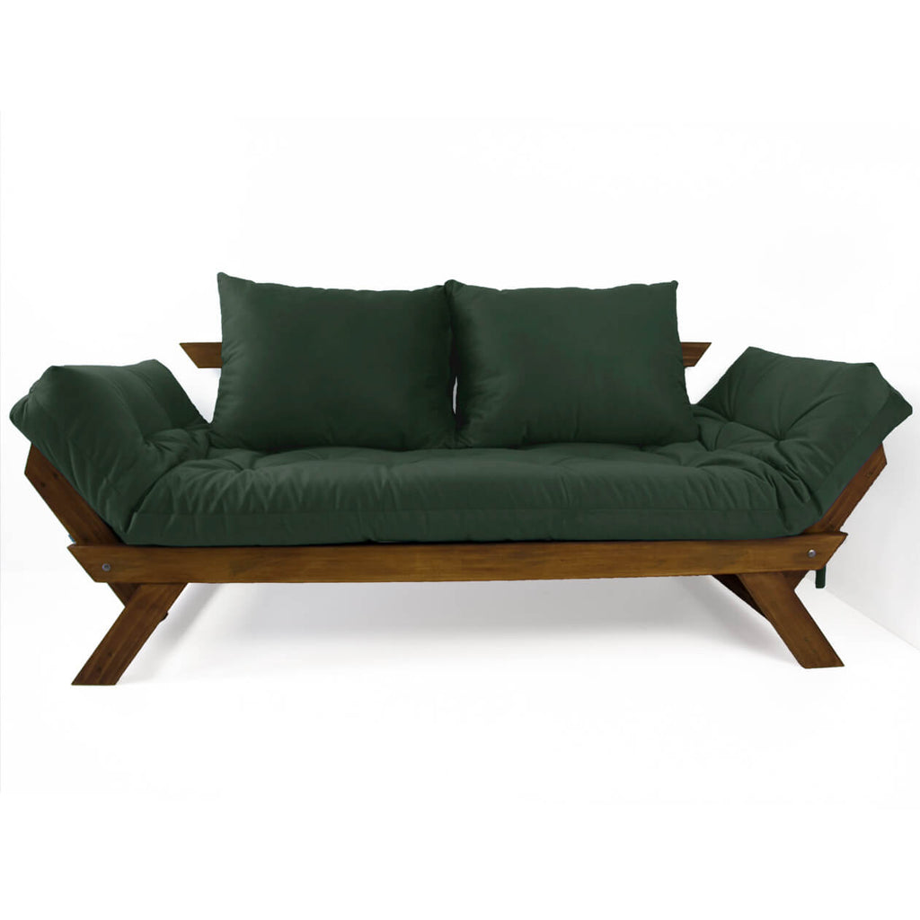 Sofá Cama Reclinável Futon D33 Japão - Madeira Cor Imbuia Tecido Sarja Verde Militar