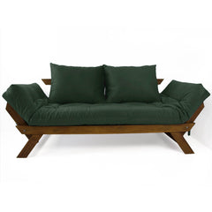 Sofá Cama Reclinável Futon D33 Japão - Madeira Cor Imbuia Tecido Sarja Verde Militar