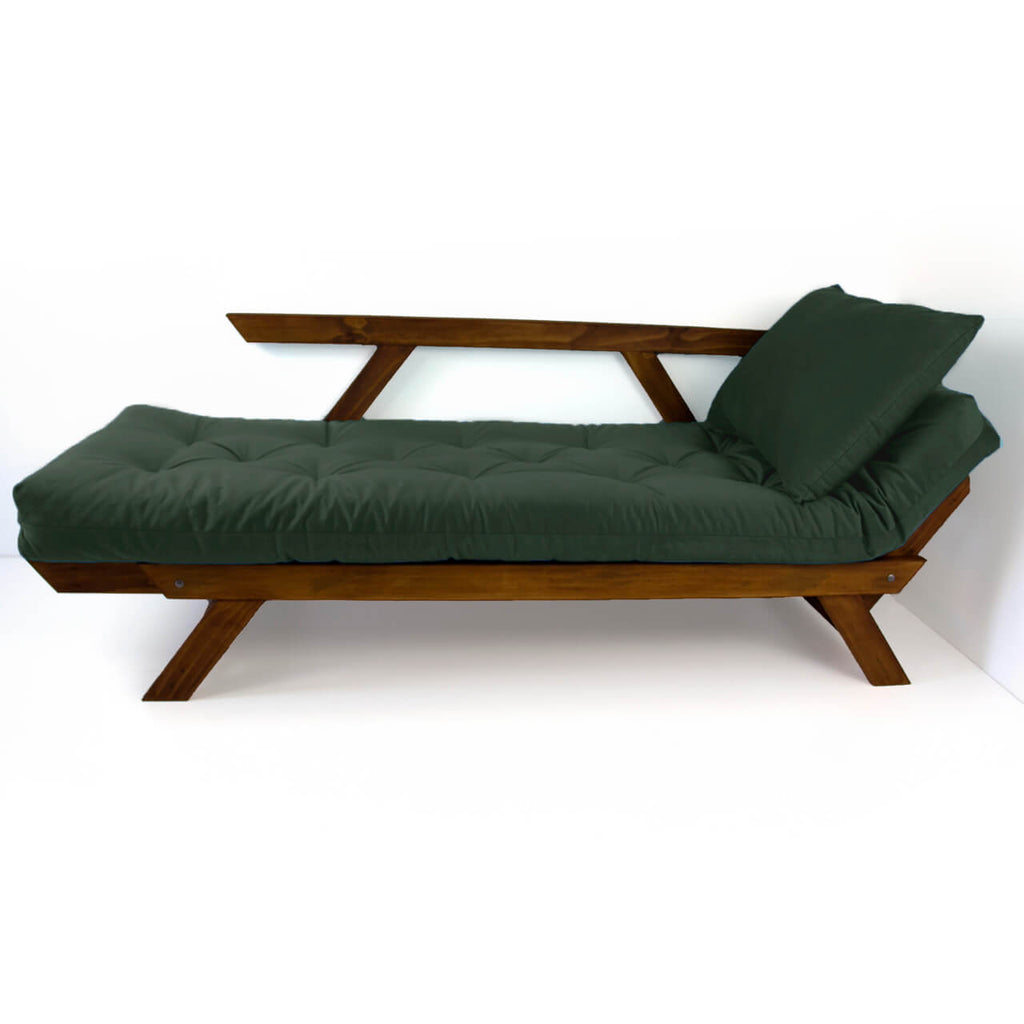 Sofá Cama Reclinável Futon Japão - Madeira Nobre Cor Imbuia Tecido Sarja Verde Militar