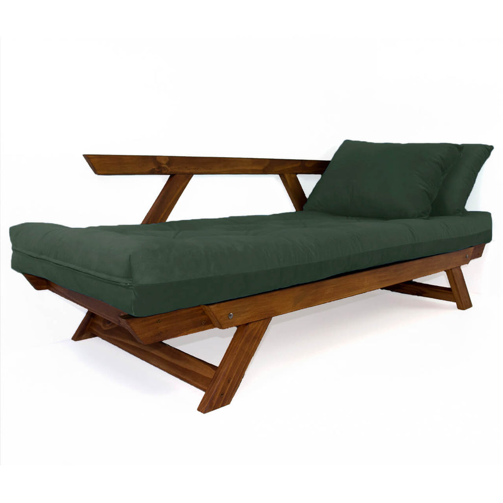 Sofá Cama Reclinável Futon Japão - Madeira Nobre Cor Imbuia Tecido Sarja Verde Militar