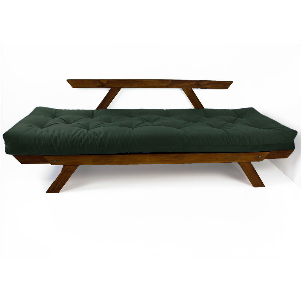 Sofá Cama Reclinável Futon Japão - Madeira Nobre Cor Imbuia Tecido Sarja Verde Militar