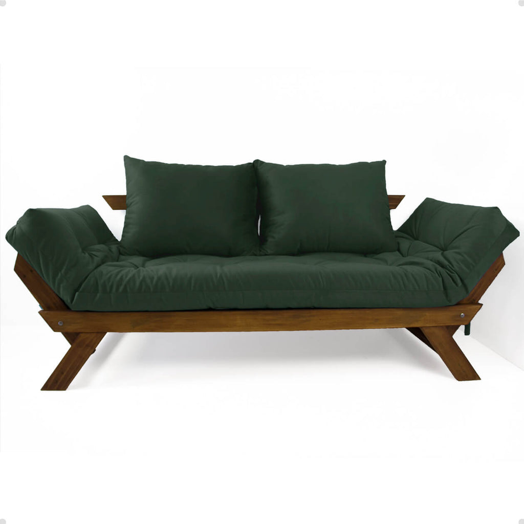 Sofá Cama Reclinável Futon D33 Japão - Madeira Cor Imbuia Tecido Sarja Verde Militar