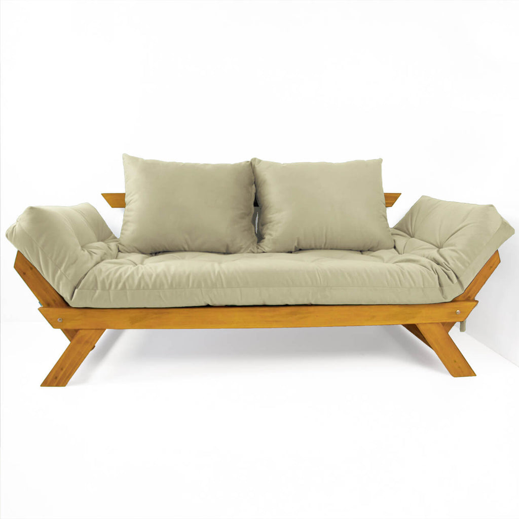 Sofá Cama Reclinável Futon D33 Japão - Madeira Cor Mel Tecido Sarja Bege