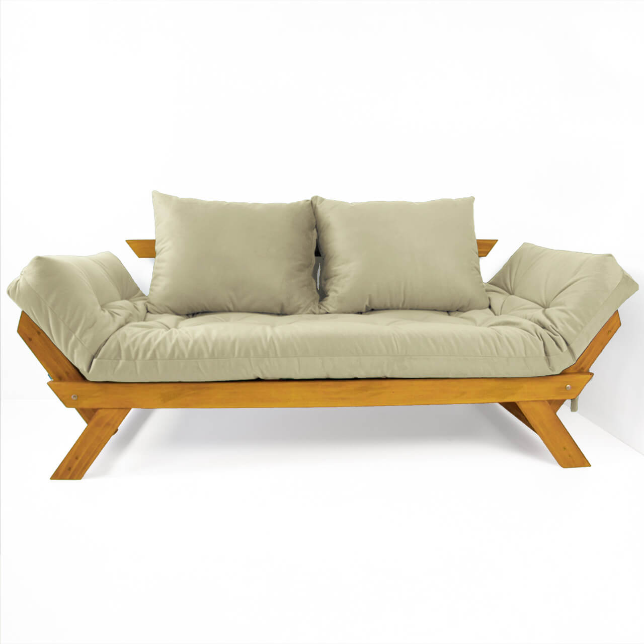 Sofá Cama Reclinável Futon D33 Japão - Madeira Cor Mel Tecido Sarja Bege