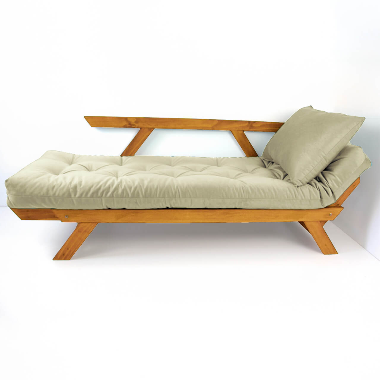 Sofá Cama Reclinável Futon D33 Japão - Madeira Cor Mel Tecido Sarja Bege