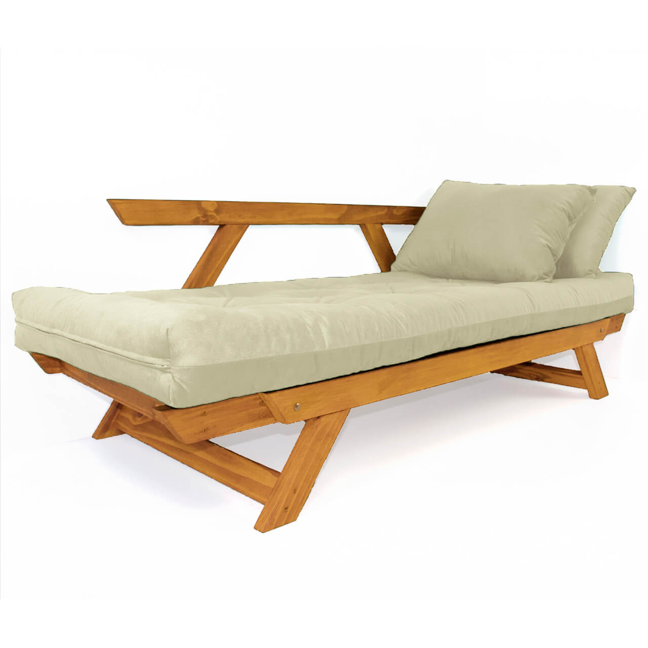 Sofá Cama Reclinável Futon D33 Japão - Madeira Cor Mel Tecido Sarja Bege