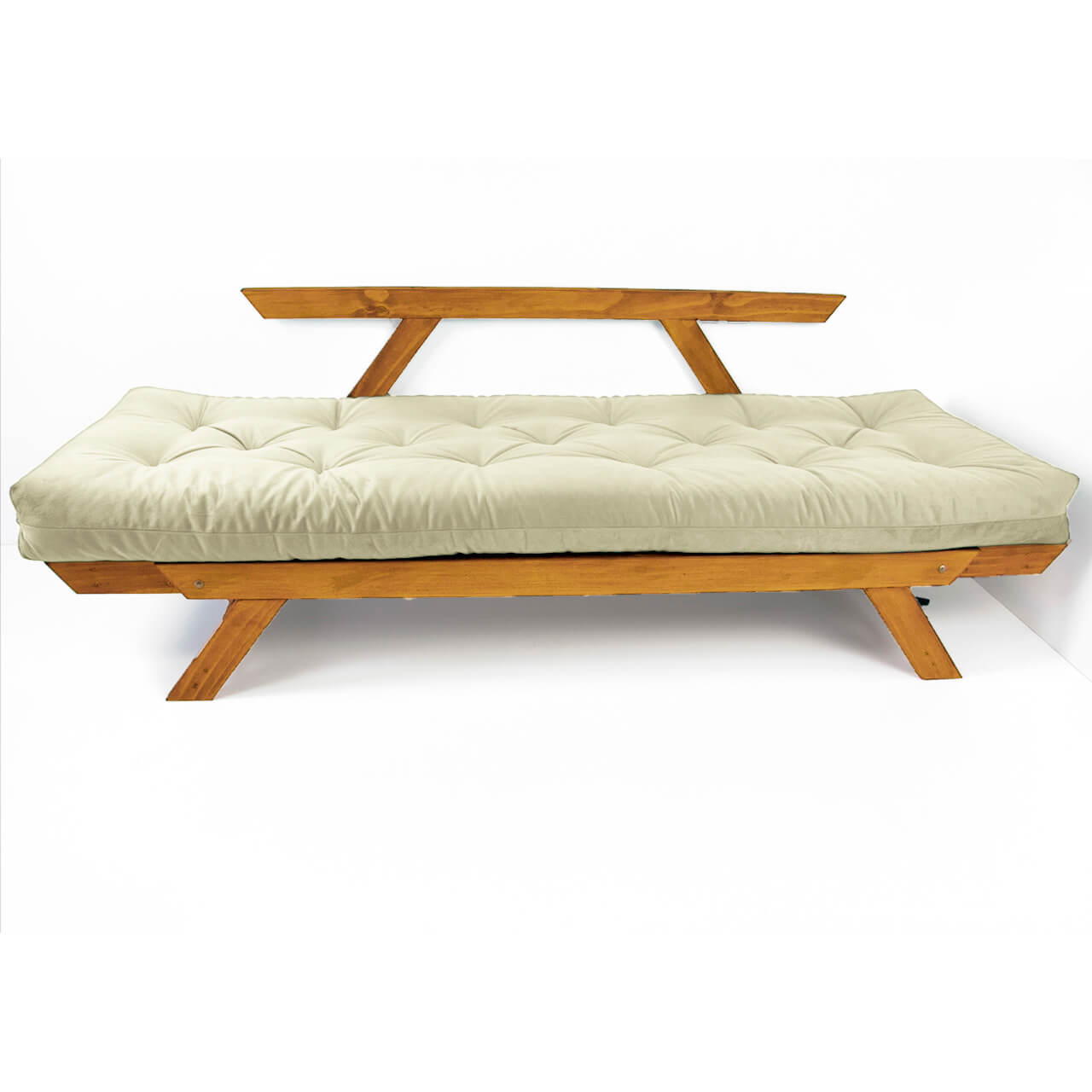 Sofá Cama Reclinável Futon D33 Japão - Madeira Cor Mel Tecido Sarja Bege