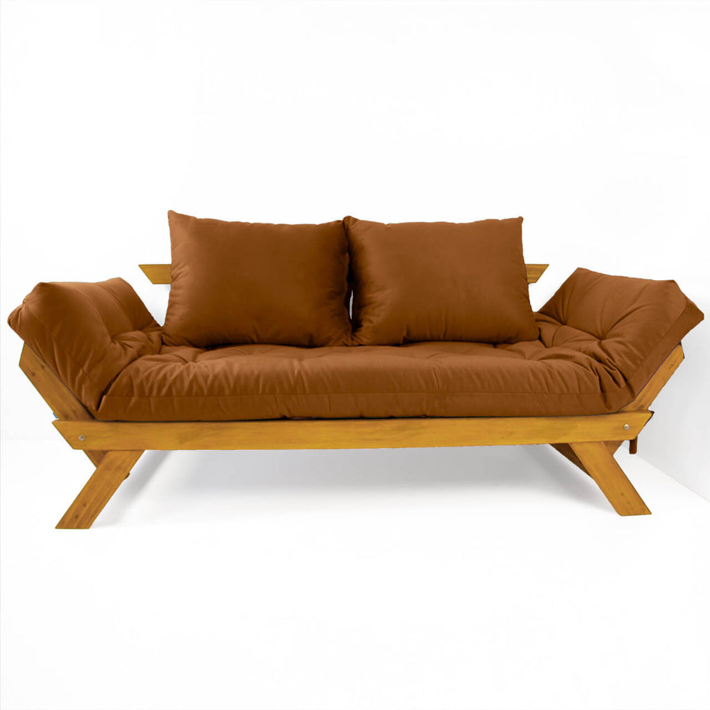 Sofá Cama Reclinável Futon D33 Japão - Madeira Cor Mel Tecido Sarja Caramelo