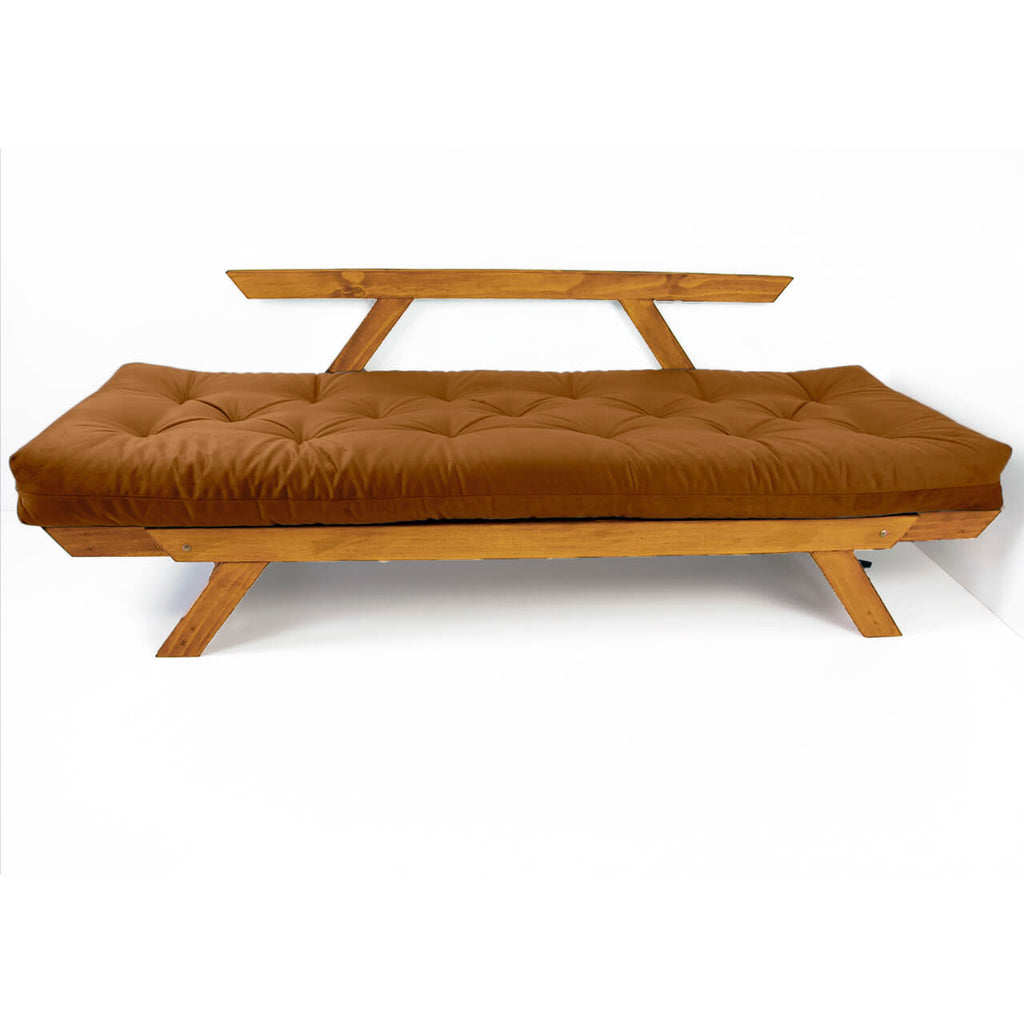 Sofá Cama Reclinável Futon D33 Japão - Madeira Cor Mel Tecido Sarja Caramelo