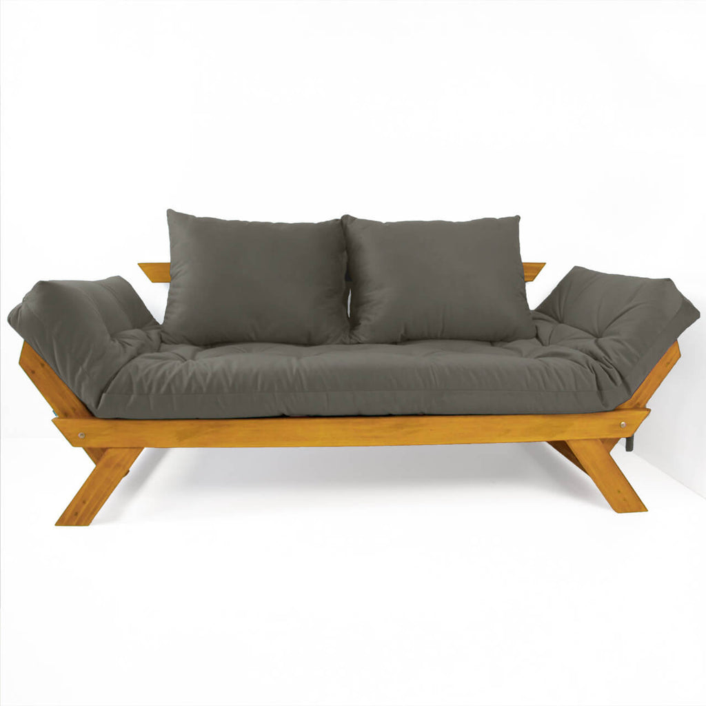 Sofá Cama Reclinável Futon D33 Japão - Madeira Cor Mel Tecido Sarja Cinza