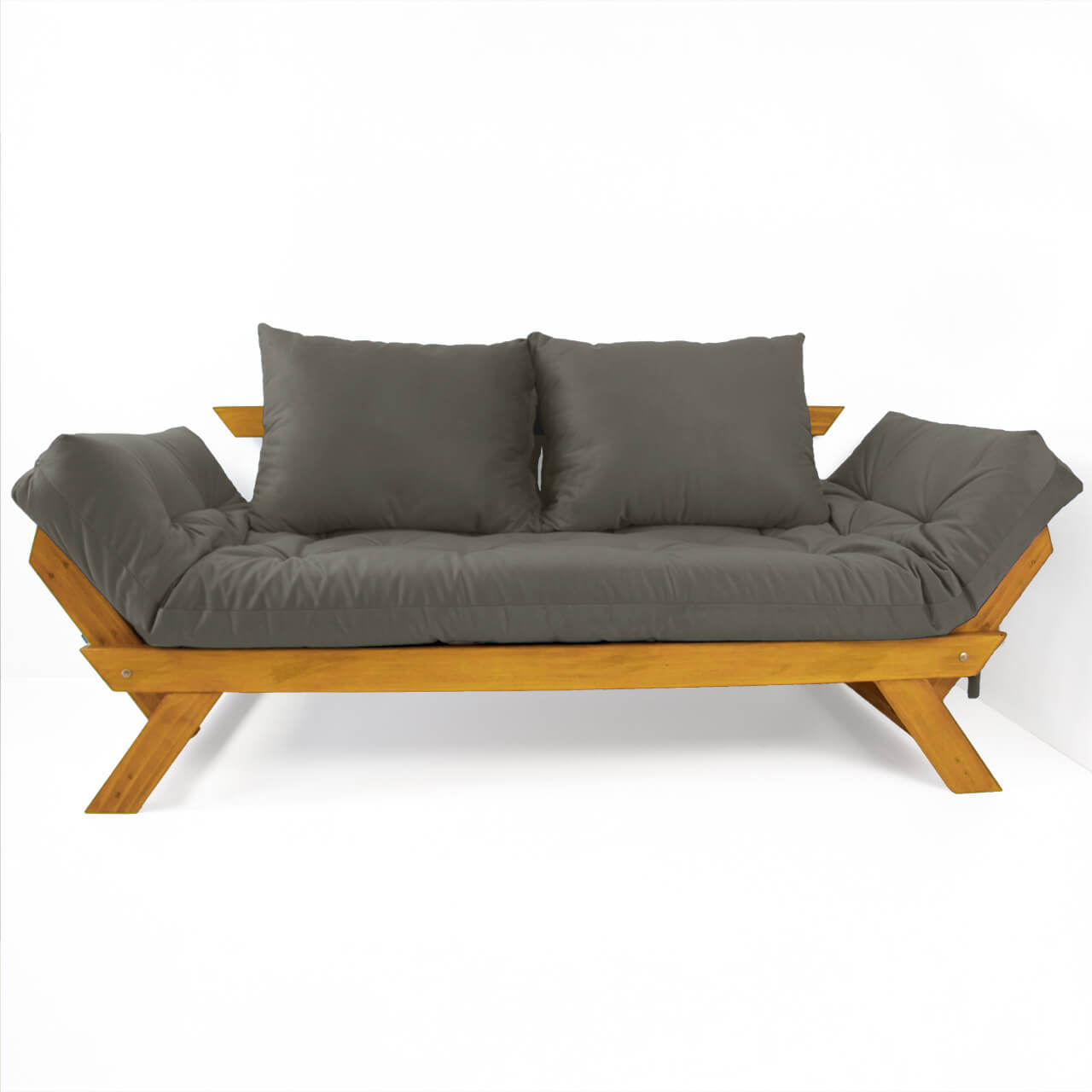 Sofá Cama Reclinável Futon D33 Japão - Madeira Cor Mel Tecido Sarja Cinza