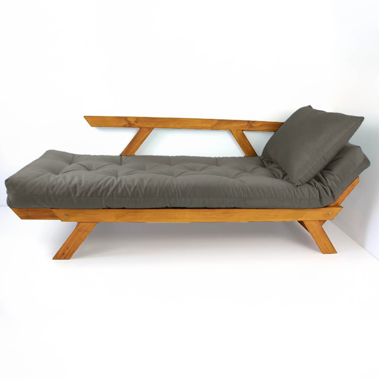 Sofá Cama Reclinável Futon D33 Japão - Madeira Cor Mel Tecido Sarja Cinza
