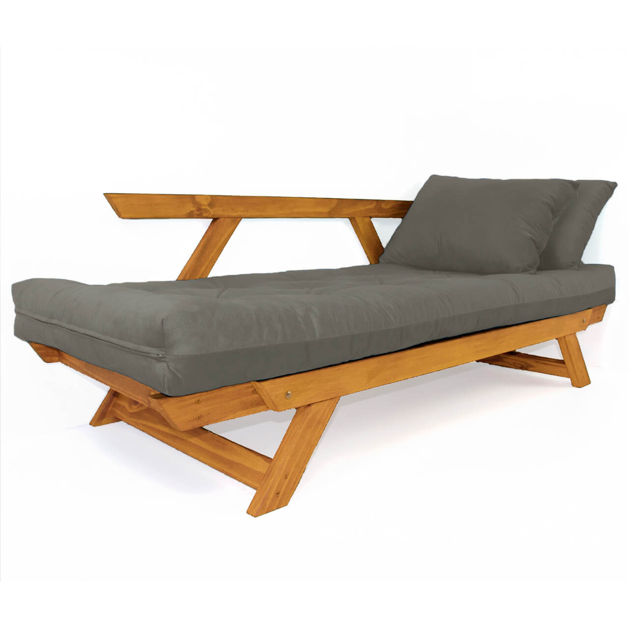 Sofá Cama Reclinável Futon D33 Japão - Madeira Cor Mel Tecido Sarja Cinza