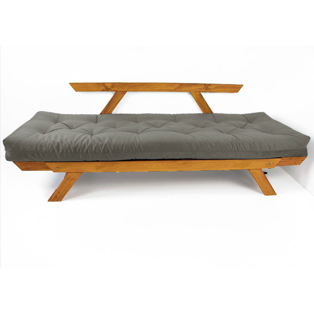 Sofá Cama Reclinável Futon D33 Japão - Madeira Cor Mel Tecido Sarja Cinza
