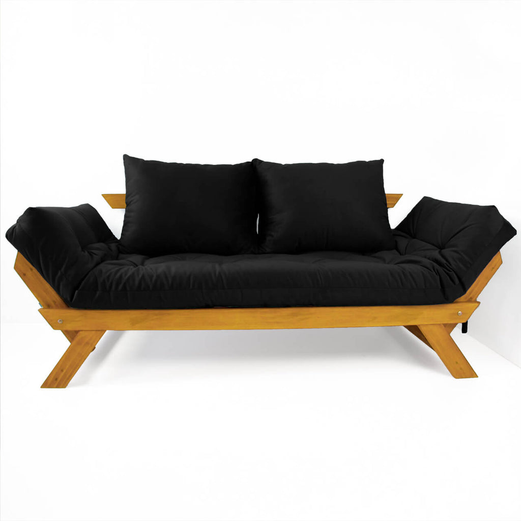 Sofá Cama Reclinável Futon D33 Japão - Madeira Cor Mel Tecido Sarja Preto
